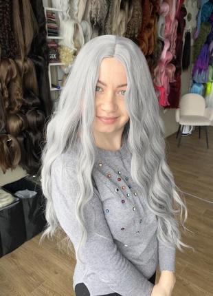 Парик темно серый, пепельный, волнистый длинный