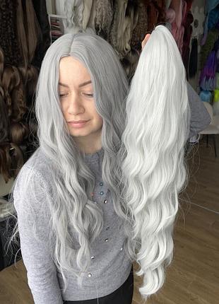 Парик темно серый, пепельный, волнистый длинный