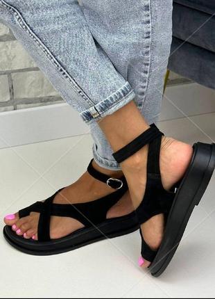 Босоножки замшевые женские черные, стильные удобные летние сандалии размер 36-414 фото