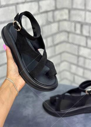 Босоножки замшевые женские черные, стильные удобные летние сандалии размер 36-416 фото
