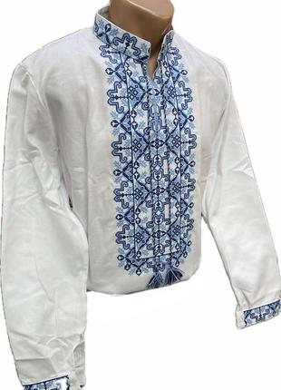 Вишиванка сорочка чоловіча біла з блакитною (синьою) вишивкою6 фото