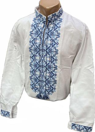 Вишиванка сорочка чоловіча біла з блакитною (синьою) вишивкою5 фото
