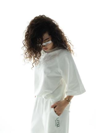 Кука жіночий спортивний костюм молочного кольору футболка і штани двонитка 100015 фото