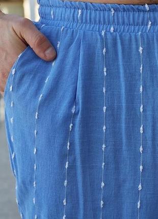 Чоловічі льняні штани з принтом у смужку з кішенями з резинкою в поясі5 фото