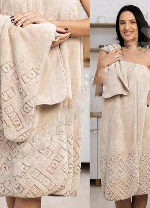 Набор полотенце женский халат+шапочка микрофибра банни сауна плотные3 фото
