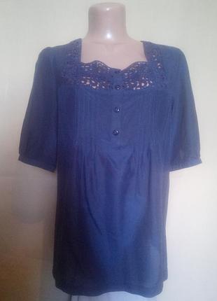 Блуза темно синяя с эффектным кружевом, хлопок (65%) с шелком (35%)