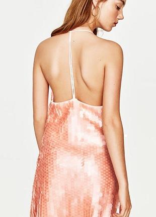 Zara зара платье розовое белое на бретельках с открытой спиной с пайетками короткое
