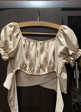 Бежевый топ xs/s с завязками на завязках укороченный кроп топ блуза блузка на резинке2 фото