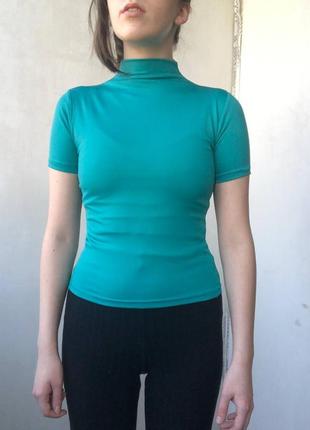 Бірюзовий топ водолазка бірюзова зелена вінтажна футболка під горло яскравого кольору жіноча обтягую1 фото