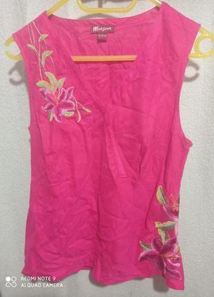 30. лляная шёлковая шикарная малиновая розовая майка блуза туника лен 100 шелк с вышивкой monsoon5 фото