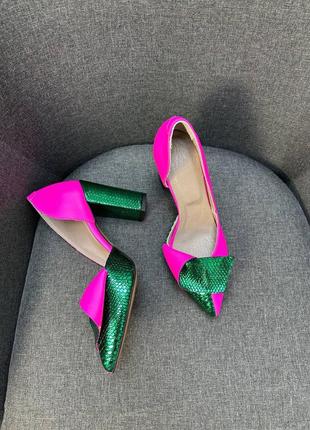 Ексклюзивні яскраві туфлі з натуральної шкіри рожевої та зеленої блискучої7 фото