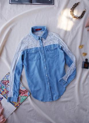 Комбінована джинсова сорочка мереживана спинка1 фото