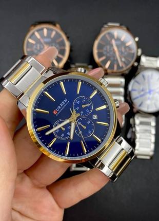 Мужские кварцевые наручные часы с хронографом curren 8435 silver-gold-blue. металлический браслет