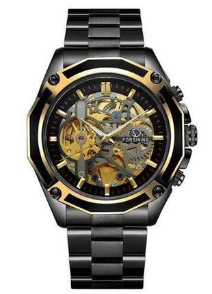 Механічний чоловічий наручний годинник скелетон з автопідзаводом forsining 8130 black-gold-black