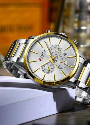 Мужские  кварцевые наручные часы с хронографом curren 8435 silver-gold-silv. металлический браслет