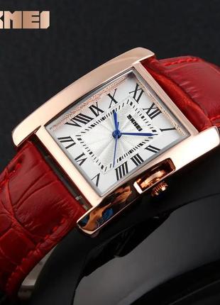Женские прямоугольные наручные часы с кожаным ремешком   skmei 1085rd red2 фото