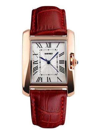 Женские прямоугольные наручные часы с кожаным ремешком   skmei 1085rd red3 фото