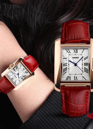 Женские прямоугольные наручные часы с кожаным ремешком   skmei 1085rd red4 фото
