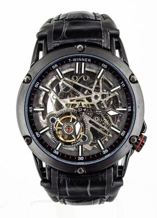 Чоловічий механічний наручний годинник скелетон forsining 8260 ab з автопідзаводом та турбійоном. шкіряний ремінець