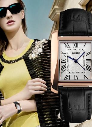 Женские прямоугольные наручные часы с кожаным ремешком  skmei 1085bk black4 фото