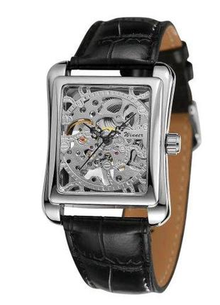Мужские механические наручные часы скелетон forsining 8004 silver с автоподзаводом и кожаным ремешком.