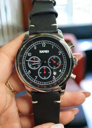 Чоловічий кварцевий наручний годинник skmei 9318bkbk black  шкіряний ремінець2 фото