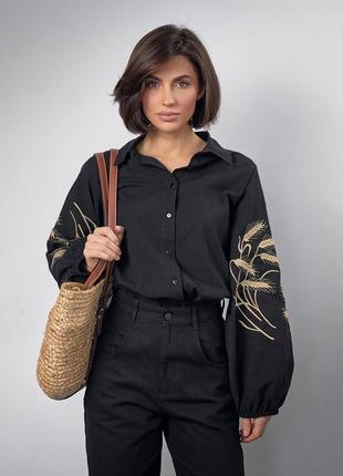 Чорна вишиванка з колосками ❤️ жіноча базова рубашка з вишивкою ❤️ вишиті колоски ❤️ жіноча чорна вишита сорочка ❤️3 фото