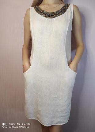 Італія лляне плаття сарафан льон біле з намистом льняное платье италия белое4 фото