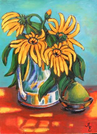 Картина "натюрморт с рудбекиями". холст, масло