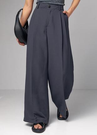 Жіночі широкі штани-палаццо зі стрілками та високою посадкою темно сірі графітові