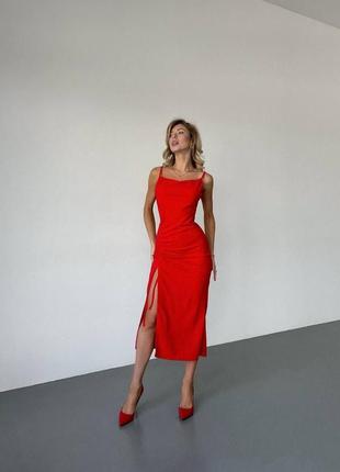 Трендова стильна сукня міді з вирізом на нозі на бретельках5 фото
