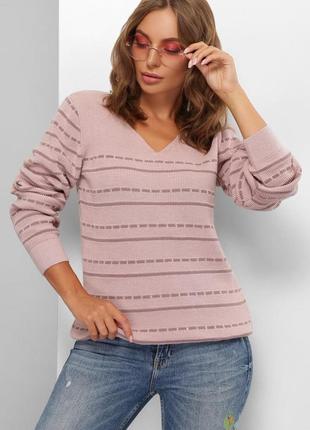Джемпер женский, вязанный, шерстяной, в полоску, v образный вырез, пуловер, свитер, пудра