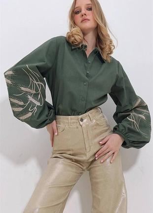 Жіноча вишита сорочка хакі з колосками ❤️ жіноча вишиванка з колосками ❤️ жіноча сорочка в етно стилі ❤️1 фото