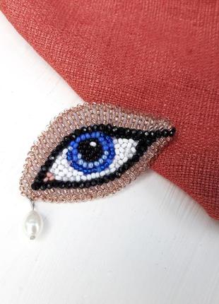 Брошь глаз, вышивка бисером, бисерное украшение с искусственным жемчугом8 фото