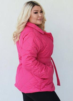 Куртка жіноча стьобана базова без капюшону з поясом приталена довга весняна демісезонна на весну сіра чорна рожева коротка батал великих розмірів3 фото