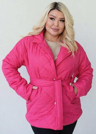 Куртка жіноча стьобана базова без капюшону з поясом приталена довга весняна демісезонна на весну сіра чорна рожева коротка батал великих розмірів7 фото