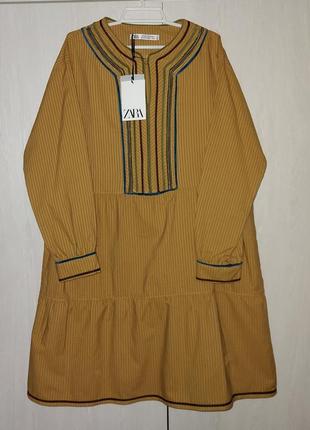 Платье zara лимитированная новая коллекция оверсайз с вышивкой нарядное вышиванка горчичное желтое женское детское для девочки limited edition6 фото
