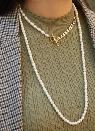 Колье с жемчугом цепь с т-образной застёжкой цвет золото