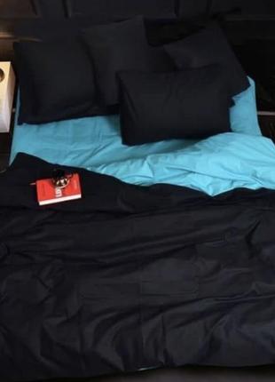 Комплект постельного белья однотонный черно голубой1 фото