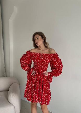 Жіноча сукня до коліна ❤️ жіноча сукня в квітковий принт ❤️ червона сукня з квіточками ❤️1 фото