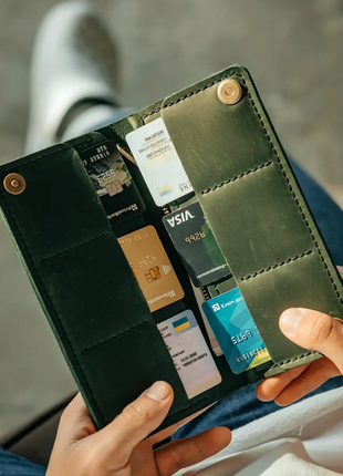 Мужской клатч портмоне из кожи на кнопках зеленый 6 отделений для карт | 2 отделений для купюр + мон3 фото
