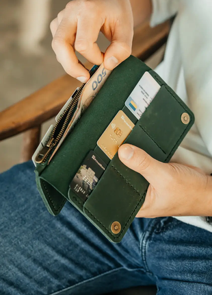 Мужской клатч портмоне из кожи на кнопках зеленый 6 отделений для карт | 2 отделений для купюр + мон6 фото