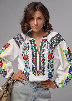 Блуза накидка вишиванка оверсайз з обʼємними рукавами біла різнокольорова стильна якісна