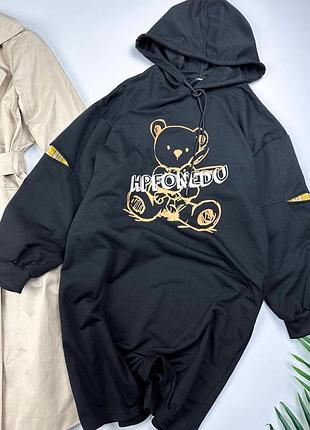 Темно синее платье худи с мишкой