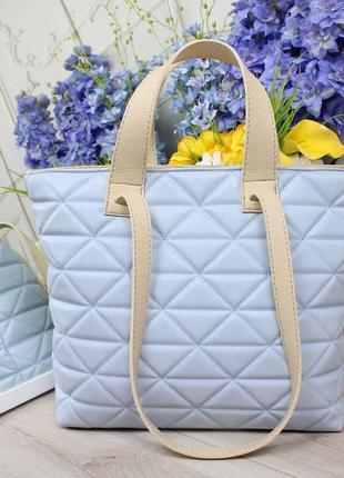 Большая женская сумка шопер стеганая качественная эко-кожа голубая1 фото