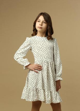 Дитяче плаття біле в горох для дівчинки  5 6 7 8 9 10   років