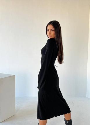 Чорна жіноча сукня міді з зав'язками на талії імітація корсету в рубчик жіноча сукня з рукавом клеш зав'язками6 фото