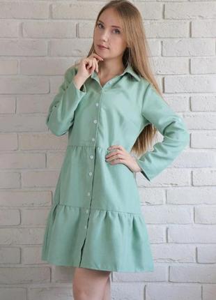 Платье рубашка женское вельветовое свободное на пуговицах с длинным рукавом оливковое3 фото