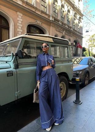 Жіночий трендовий брючний костюм в стилі зара, zara, укорочена сорочка і широкі штани палаццо