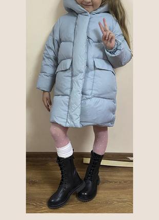 Стильный голубой натуральный длинный пуховик куртка пальто на девочку zara 116/67 фото
